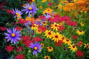 ai generiert hell Farbtöne von diese Blumen hinzufügen ein Pop von Farbe zu das Landschaft. foto