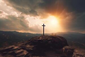 Kreuz auf das oben von das Berg mit Sonnenuntergang hintergrund.generativ ai foto