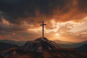 Kreuz auf das oben von das Berg mit Sonnenuntergang hintergrund.generativ ai foto