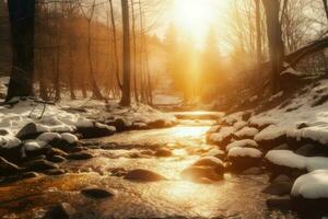 ai generiert Sonne steigt an über ein Strom im Winter Wald im das Berge. foto