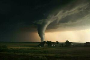 ai generiert dramatisch Bild von ein Tornado Bildung im das Distanz. foto