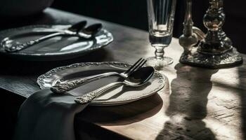 glänzend Besteck und elegant Geschirr schmücken das luxuriös Bankett Tabelle generiert durch ai foto