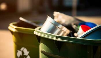 Recycling Behälter gestapelt mit Plastik Behälter zum Umwelt Erhaltung generiert durch ai foto