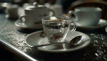 heiß Kaffee im elegant Untertasse auf hölzern Tisch, Nein Menschen generiert durch ai foto