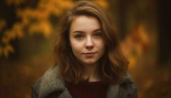 lächelnd jung Frau im Herbst Wald, Schönheit im Natur Porträt generiert durch ai foto