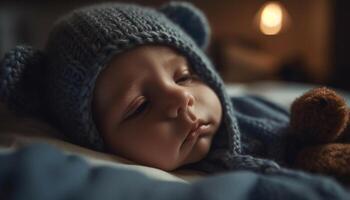 süß Baby Junge Schlafen friedlich eingewickelt im warm stricken Decke generiert durch ai foto