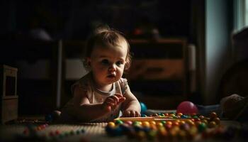 heiter Kleinkind spielen mit bunt Spielzeuge im gemütlich Zuhause Innere generiert durch ai foto