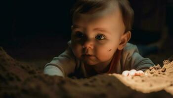 süß kaukasisch Kleinkind spielen im Sand, suchen heiter und neugierig generiert durch ai foto