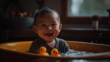 lächelnd Baby Jungs genießen spielerisch Badewanne Spaß mit sauber Hygiene generiert durch ai foto