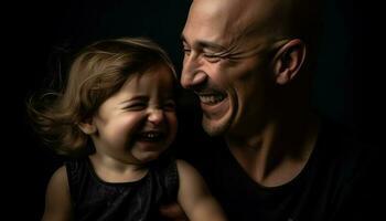 Familie lächelnd, Kind Glück, Vater Liebe, heiter Porträt, Verbindung Freude generiert durch ai foto