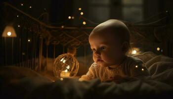 süß Baby Junge lächelnd im beleuchtet Schlafzimmer, spielerisch und heiter generiert durch ai foto