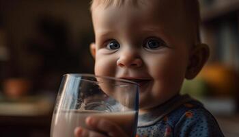 süß kaukasisch Kleinkind lächelnd, halten Trinken Glas, genießen gesund Lebensstil generiert durch ai foto