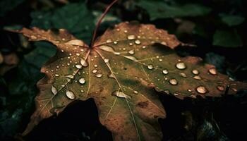 beschwingt Herbst Laub spiegelt auf nass, transparent Ahorn Baum Ast generiert durch ai foto