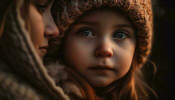 süß kaukasisch Kind im warm Kleidung umarmt zärtlich Mutter draußen generiert durch ai foto