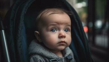süß kaukasisch Kleinkind Junge lächelnd im Blau Haube, suchen draußen generiert durch ai foto