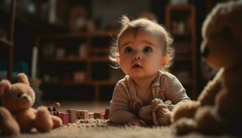 lächelnd Baby Junge spielen mit Teddy Bär im inländisch Zimmer generiert durch ai foto