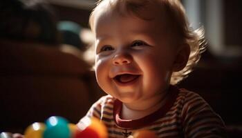 süß Baby Junge lächelnd mit Freude, spielen sorglos mit Spielzeug generiert durch ai foto