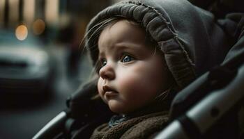 süß Baby Junge lächelnd im Auto, Unschuld und Glück gefangen generiert durch ai foto