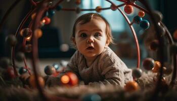 süß Baby Mädchen Sitzung durch Weihnachten Baum, spielen mit bunt Ball generiert durch ai foto