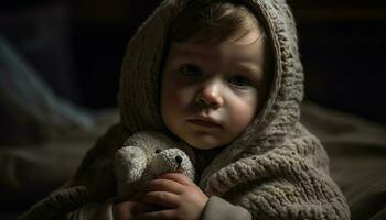 süß kaukasisch Junge lächelnd mit Teddy Bär im Winter Porträt generiert durch ai foto
