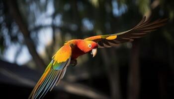 beschwingt Ara sich niederlassen auf Ast im tropisch Regenwald Schönheit generiert durch ai foto