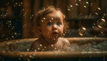süß kaukasisch Baby Junge genießt spielerisch Bad Zeit mit Luftblasen generiert durch ai foto