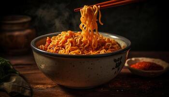 frisch gekocht Vegetarier Ramen Nudeln mit organisch Gemüse und Koriander generiert durch ai foto