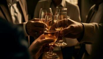 Männer und Frauen halten Wein Brille im ein Luxus Bar generiert durch ai foto