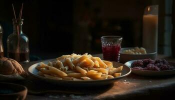gesund Gourmet Mahlzeit auf rustikal hölzern Tabelle mit organisch Zutaten generiert durch ai foto