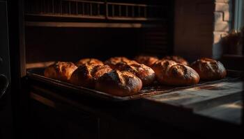 frisch gebacken hausgemacht Brot auf rustikal hölzern Tabelle drinnen generiert durch ai foto