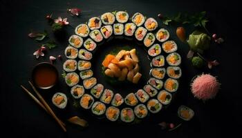 frisch Meeresfrüchte Mahlzeit auf ein Platte, gerollt oben mit maki Sushi generiert durch ai foto