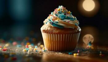 multi farbig Cupcake mit Schokolade Glasur und Süßigkeiten Dekoration zum Feier generiert durch ai foto
