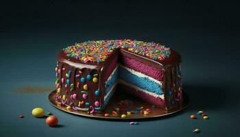 multi farbig Geburtstag Kuchen mit Schokolade Glasur und Erdbeere Dekoration generiert durch ai foto