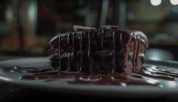 nachsichtig Schokolade Dessert auf Teller mit Süss Soße und Dekoration generiert durch ai foto