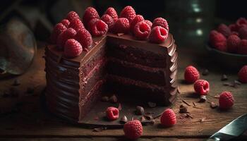 nachsichtig Gourmet Dessert frisch Himbeere Käsekuchen mit dunkel Schokolade Glasur generiert durch ai foto