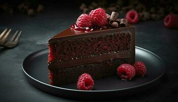 nachsichtig Schokolade Dessert mit frisch Himbeere Scheibe auf Gourmet Teller generiert durch ai foto