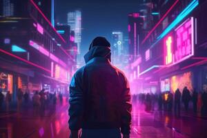 ai generiert geschäftig Stadt Straße mit Neon- Beleuchtung und hoch aufragend Wolkenkratzer. ein Person im ein Cyberpunk Outfit mit ein Visier Spaziergänge Vergangenheit. foto