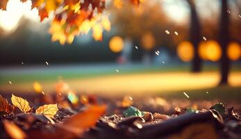 abstrakt Herbst Hintergrund, schön Landschaft Natur mit herbstlich Blätter und Bokeh, generativ ai foto