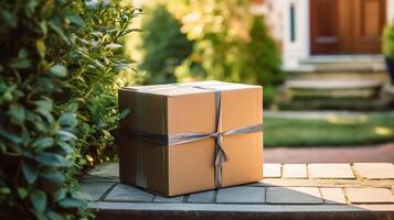 Post- Service, Zuhause Lieferung und online Einkaufen, Paket Box auf ein Haus Haustür im das Landschaft, generativ ai foto