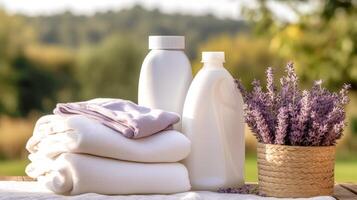 Wäscherei, Hauswirtschaft und Hauswirtschaft, Weiß sauber gefaltet Kleider und Waschmittel Conditioner Flaschen im das Garten, Land Hütte Stil, generativ ai foto