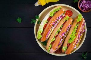 heiß Hund mit Wurst, eingelegt Gurke, Tomaten, rot Zwiebeln und Grüner Salat auf dunkel hölzern Hintergrund. Sommer- Hotdog. oben Aussicht foto