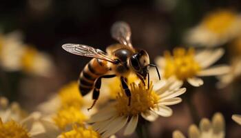 beschäftigt Honig Biene pflücken oben Pollen von Gänseblümchen generiert durch ai foto