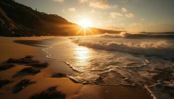 Sonne geküsst Wellen Absturz auf still Küste generiert durch ai foto