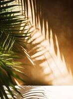 tropisch Hintergrund zum ein Produkt Platzierung, Palme Baum Blätter und Sonnenlicht Schatten auf das Wand, minimalistisch botanisch Hintergrund, Palmen auf ein heiß sonnig Tag, generativ ai foto