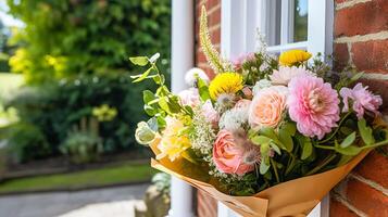 Blume Geschäft Lieferung und Urlaub Geschenk Post- Service, schön Strauß von Blumen auf ein Haus Haustür im das Landschaft, generativ ai foto