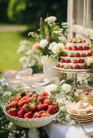 Erdbeere Dessert Buffet Tisch, Essen Gastronomie zum Hochzeit, Party und Urlaub Feier, Erdbeeren Nachspeisen im ein Landschaft Garten, generativ ai foto