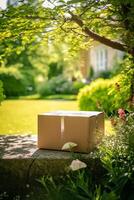 Post- Service, Zuhause Lieferung und online Einkaufen, Paket Box im das Landschaft auf ein sonnig Tag, generativ ai foto