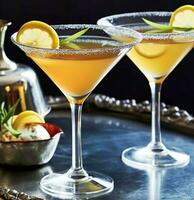 Getränke, Cocktails und Urlaub Party Feier Rezept, Zitrusfrüchte Cocktail im Martini Gläser, generativ ai foto