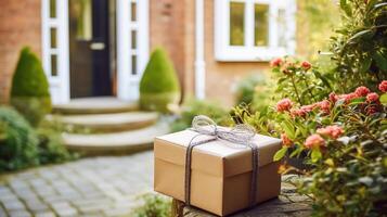 elegant Geschenk Geschäft Lieferung, Post- Bedienung und Luxus online Einkaufen, Paket Box mit ein Bogen auf ein Haus Haustür im das Landschaft, generativ ai foto