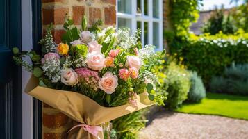 Blume Geschäft Lieferung und Urlaub Geschenk Post- Service, schön Strauß von Blumen auf ein Haus Haustür im das Landschaft, generativ ai foto